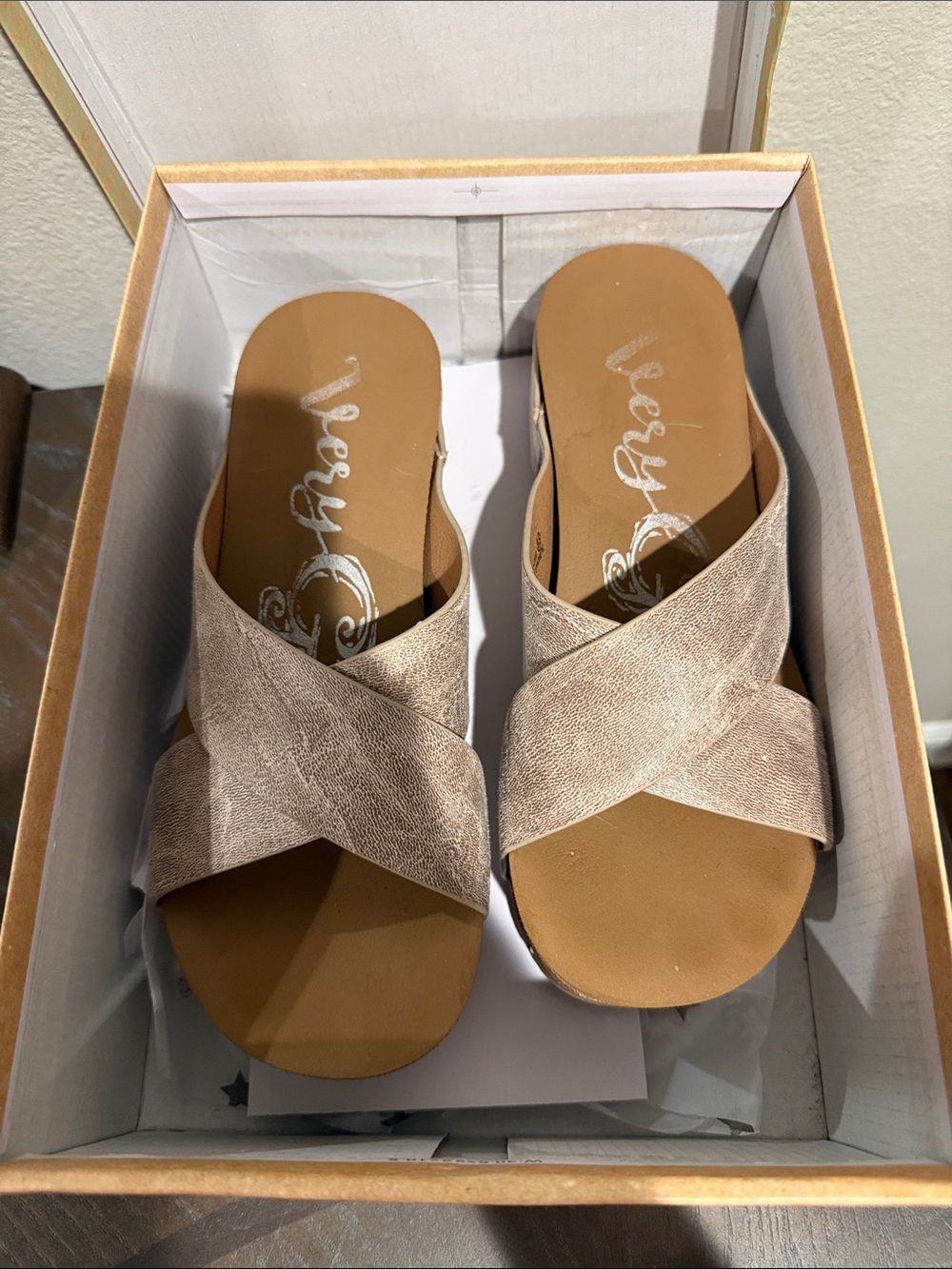 Very G Metallic Taupe Crisscross Slide Sandals